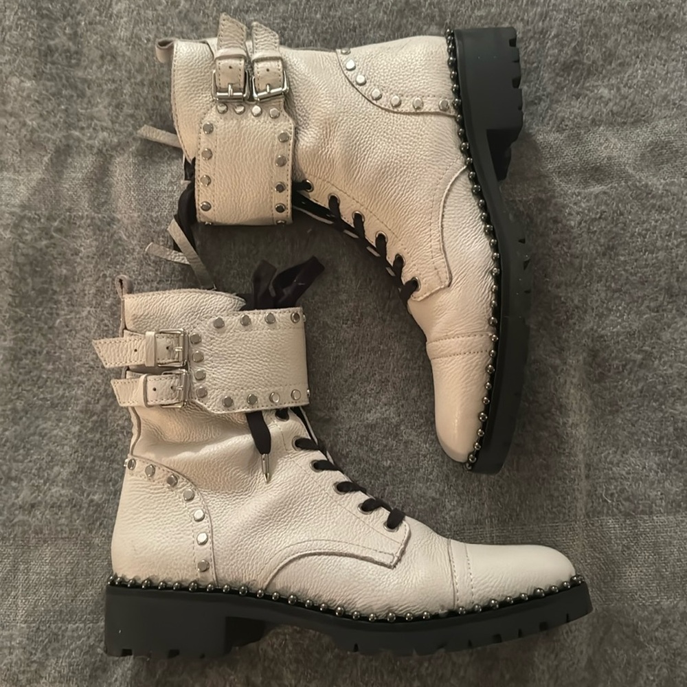 Brand New Sam Edelman White Leather Studded Combat Boots 8.5